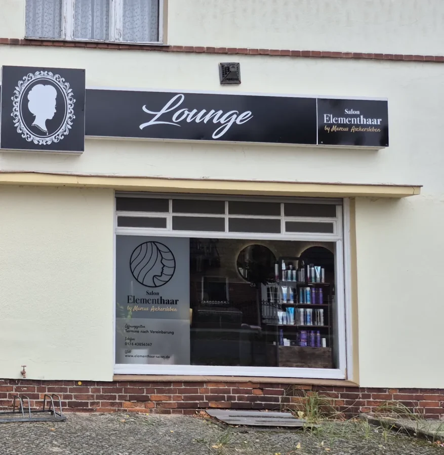 Ladenschild und Schaufenster für Salon Elementhaar